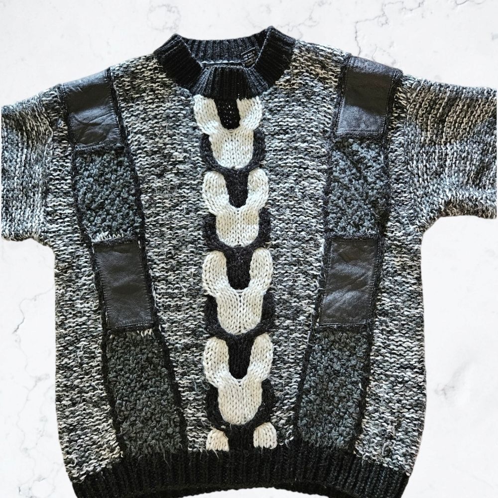 Vintage Street Scene 80s Black, White and Grey Leather Accent Fuzzy Sweater - Picture 2 of 6